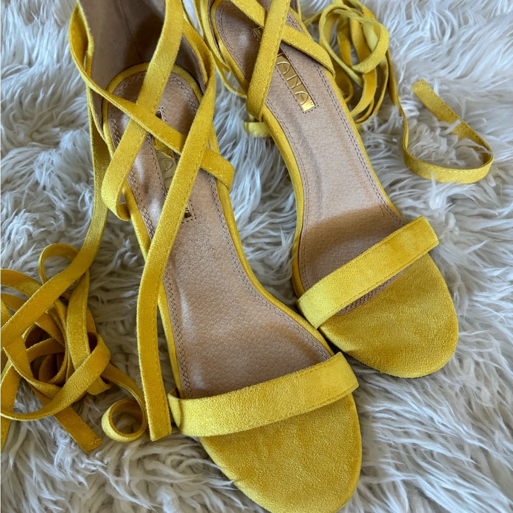 Liliana Faux Suede Bright Yellow Lace Up Strappy Stiletto Vacation Summer Heels
